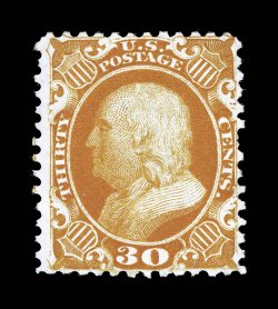 46, 30c Yellow orange reprint, without gum as issued, rich vibrant color, well centered for this, single short perforation at right, otherwise very fine clear 1989 PSE
certificate.