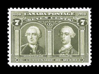 100, 1908 7c Quebec Tercentenary, excellent centering within large margins, sumptuously rich color and a deeply etched impression, o.g., n.h., an extremely fine gem 2003
Greene Foundation certificate (Unitrade C$750.00).