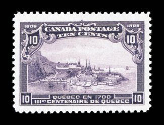101, 1908 10c Quebec Tercentenary, an eye-arresting mint single that is in the finest attainable quality, being impeccably well centered amid extravagantly large margins, deep
prooflike color and an incredibly intense impression on brilliantly w