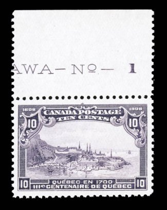 101, 1908 10c Quebec Tercentenary, handsome top margin plate No. 1 single, exceedingly well centered within uncommonly large margins, marvelously bright and fresh, o.g., n.h.,
extremely fine 2001 PF certificate. (Unitrade C$900.00).