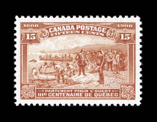 102, 1908 15c Quebec Tercentenary, an outstanding mint single that features perfectly balanced margins all around, lovely bright color on fresh paper, unblemished o.g., n.h.,
an extremely fine gem for the collector assembling the 1908 Tercentena