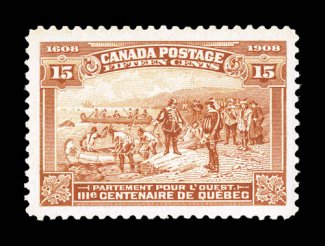 102, 1908 15c Quebec Tercentenary, a fabulous quality mint single, boasting huge margins all around and being flawlessly centered within them, especially deep and brilliant
color, pristine o.g., n.h., extremely fine an especially choice large-m