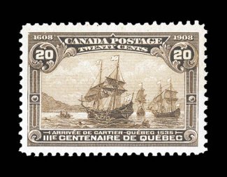 103, 1908 20c Quebec Tercentenary, a highly select mint single, being exceptionally well centered within very large and wonderfully well balanced margins, deeply rich color
and a crisp detailed impression, immaculate o.g., n.h., an extremely fin