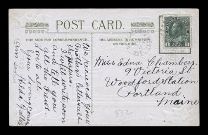 Unitrade 104vii, 1912 1c Green Admiral, major re-entry at bottom right, being position 35 from the bottom right pane of Plate 12, well centered and deep color, tiny tear in
top margin, tied to Nov. 12, 1912 picture postcard by New Carlisle Wes