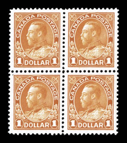 106122, 1911-25 2c-$1.00 Admirals, complete in blocks of four from the 2c-$1.00 values less only the 10c Plum, all are well centered (some exceptionally so), with wonderfully
bright colors throughout, o.g., n.h., one 5c Blue stamp has a trivi