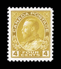 110c, 1922 4c Golden yellow Admiral, wet printing, wonderfully well centered within large margins, strong color, pristine o.g., n.h., extremely fine a highly select example of
this elusive variety (Unitrade C$600.00).