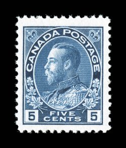 111, 1914 5c Dark blue Admiral, well centered within extravagantly large margins, rich luxuriant color and a lovely impression on bright white paper, o.g., n.h., extremely
fine 2005 Greene Foundation certificates (Unitrade C$600.00).