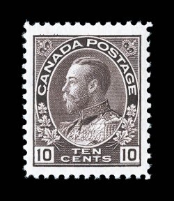 116, 1912 10c Plum Admiral, wet printing, an incredibly bright and fresh mint example, which also happens to be the retouched spandrel (Unitrade 116i) variety, rich luxuriant
color and a deeply etched impression on brilliantly white paper