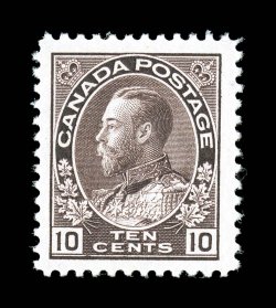 116, 1912 10c Plum Admiral, wet printing, especially well centered within exceedingly large margins, the size of which are rarely encountered on this key value, sumptuously
rich color and a sharp impression on fresh white paper, immaculate o.g