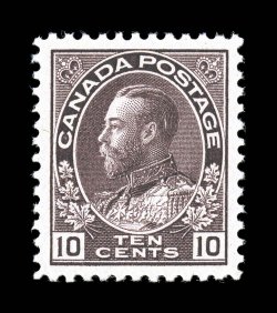 116, 1912 10c Plum Admiral, wet printing, remarkably well centered and margined, fresh color, pristine o.g., n.h., extremely fine a highly select example of this key Admiral
1992 PF certificate (Unitrade C$1,200.00).