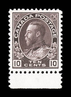 116, 1912 10c Plum Admiral, wet printing, bottom sheet-margin single, exceptionally well centered, particularly intense color and prooflike impression, o.g., lightly hinged,
extremely fine (Unitrade C$400.00).