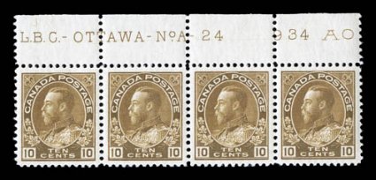 118, 1925 10c Bister brown Admiral, dry printing, top margin imprint and plate No. A24 strip of four, remarkably well centered and margined, strong rich color, o.g., n.h.,
extremely fine (Unitrade C$720.00+).