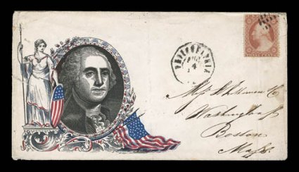 George Washington portrait facing right (Walcott 2), 3c Dull red (26) tied by grid of dots pmk. on cover to Boston, octagonal Philadelphia pmk. alongside, cover with small
faults including a sealed tear at left, very fine appearance a rare a h