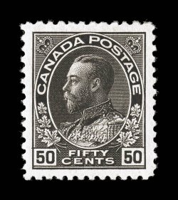 120a, 1912 50c Black Admiral, wet printing, deep luxuriant color in the distinctive black shade, uncommonly well centered and margined, o.g., extremely fine 1992 Greene
Foundation certificate (Unitrade C$400.00).