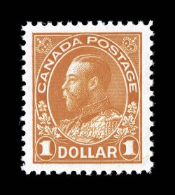 122, 1923 $1.00 Orange Admiral, dry printing, gem mint example, featuring near perfect centering amid wide margins, gorgeous color and an especially intense impression,
pristine o.g., n.h., extremely fine in every regard (Unitrade C$450.00).