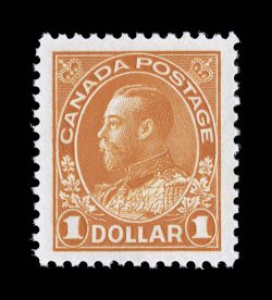 122, 1923 $1.00 Orange Admiral, dry printing, an eye-catching mint single, possessing margins of extraordinary size and being very well centered within them, deep radiant
color and a vivid impression on fresh white paper, o.g., n.h., extremely