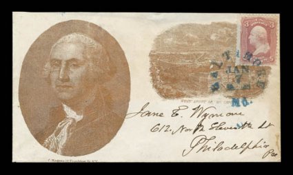 George Washington portrait and U.S. Capitol Magnus design in brown (Walcott 10), 3c Rose (65) tied by blue Baltimore rimless c.d.s. on cover to Philadelphia, flap missing and
faint toning along right edge, otherwise very fine ex-Mathies.