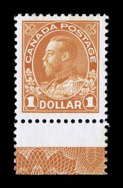 122, 1923 $1.00 Orange Admiral, dry printing, bottom margin single showing full lathework D in the selvage, exceedingly well centered within much larger margins than normally
found, deep vibrant color on bright paper, unblemished o.g., n