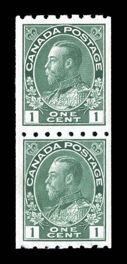 123, 1913 1c Green Admiral, perf. 8 horizontal coil, pair, well centered and margined (especially the top stamp), deep color and a strong detailed impression, o.g., n.h., very
fine-extremely fine 2005 Greene Foundation certificate (Unitrade C