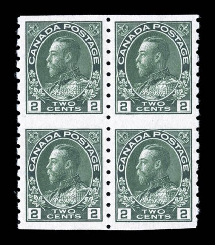 Unitrade 128ai, 1924 2c Green Admiral coil, first (wet) printing, block of four, exceptionally well centered, deeply rich color and a sharp impression on clean white paper,
o.g., top stamps l.h., bottom stamps n.h., extremely fine.