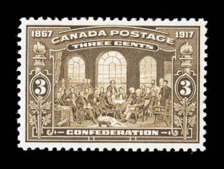 135, 1917 3c Canadian Confederation, exceedingly well centered within uncommonly large and balanced margins, rich color, o.g., n.h., extremely fine while not a scarce stamp,
it is difficult to find in this gem quality 2005 Greene Foundation ce