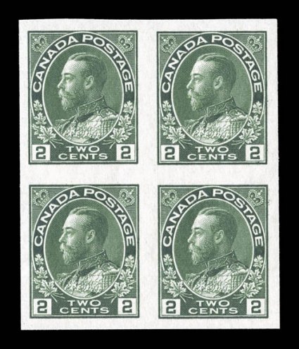 136-38, 1924 1c-3c Admirals, imperforate cplt. in blocks of four, each with large margins all around, rich bright colors, o.g., n.h., extremely fine and handsome set of blocks
(Unitrade C$1,000.00+).