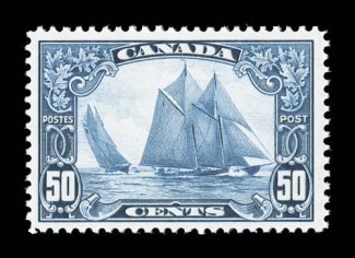 158, 1929 50c Dark blue Bluenose, well centered and margined, strong rich color on pristine white paper, o.g., n.h., very fine 2004 Greene Foundation certificate (Unitrade
C$700.00).