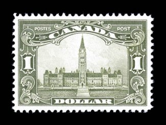 159, 1929 $1.00 Olive green Parliament, symmetrically balanced margins all around, lovely rich color and a crisp impression on bright paper, pristine o.g., n.h., extremely
fine an outstanding mint example of this high value 2007 Greene Found