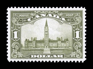 159, 1929 $1.00 Olive green Parliament, exceptionally well centered and margined, strong rich color, o.g., n.h., extremely fine (Unitrade C$900.00).