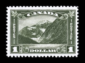 177, 1930 $1.00 Dark olive green Mt. Cavell, wonderfully bright and fresh, well centered with extra-large margins, o.g., n.h., very fine and exceedingly choice 2004 Greene
Foundation certificate (Unitrade C$600.00).