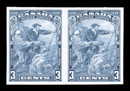 208a, 1934 3c Cartier, imperforate, pristine horizontal pair, large margins all around, gorgeous color on immaculate white paper, o.g., n.h., extremely fine (Unitrade
C$1,600.00).