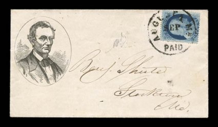 Beardless Lincoln in oval frame (Walcott 156), 1c Blue (24) tied by Augusta, Me. Paid c.d.s. on cover to Stockton, Me., a remarkably fresh and clean cover extremely fine very
few One Cent 1857 Issues exist on Lincoln covers and is especially r