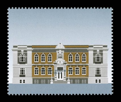 1375c , 1995 $1.00 Yorkton Court House, dark blue inscriptions omitted, with CANADA $1 inscription omitted and bottom margin text shifted upwards 8.5mm, indicating this stamp
comes from the bottom row of the pane, o.g., n.h., extremely fine (U