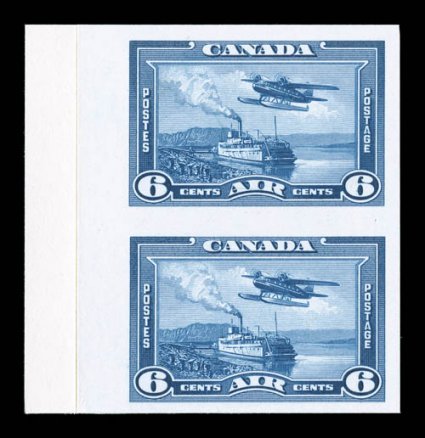 C6P, 1938 6c Blue air post, plate proof on card, left sheet-margin vertical pair, other margins also large, bright and fresh, extremely fine.