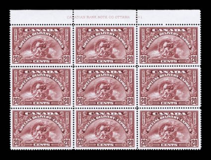E6, 1935 20c Dark carmine special delivery, striking top margin imprint and plate No. 1 block of nine, incredibly well centered throughout the entire plate block, deep
luxuriant color and a highly detailed impression on bright paper, flawless