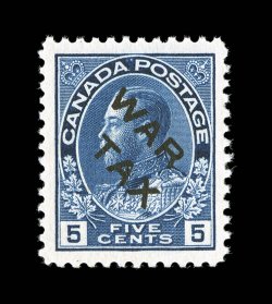 Unitrade MR2B, 1915 5c Blue, with black WAR TAX overprint, a wonderfully choice example of this difficult stamp, outstanding centering within large margins, deep intense color
on fresh white paper, o.g., n.h., extremely fine actually a very s
