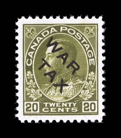 Unitrade MR2C, 1915 20c Olive green, with black WAR TAX overprint, an uncommonly select quality example, possessing impeccable centering amid large balanced margins, lovely
rich color and a crisp impression, o.g., n.h., extremely fine 2001 Gr