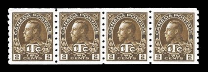 MR7, 1916 2c+1c Brown coil, die II, strip of four, outstanding centering throughout, deep prooflike color and impression, o.g., n.h., extremely fine a particularly handsome
strip (Unitrade C$720.00+).