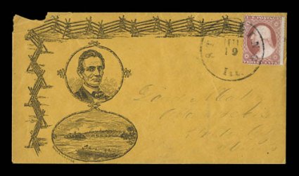 Beardless portrait in oval with river scene and rail fence, black design on orange cover, 3c Dull red (26) tied by Sterling, Ill c.d.s. on cover to Fulton City, Ill, cover with
small piece out at top left, fine clear 1978 PF certificate.