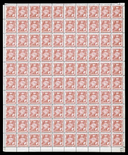 Buenos Aires - Tierra del Fuego, Michel 1, 1891 10c Carmine, a rare seen complete sheet of 100 of this unusual local stamp, the first such intact sheet we have seen,
attractively centered, bright and fresh, o.g., n.h., fine-very fine.