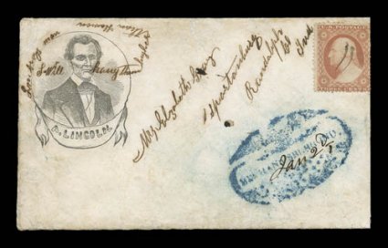 A. Lincoln and beardless portrait in circle, 3c Dull rose (26) cancelled by ms., with ms. Spartanburg, Ind. to left, also with a blue eagle handstamp of Mechanicsburg, Ind. at
bottom right, with ms. date, small ms. note around Lincoln John