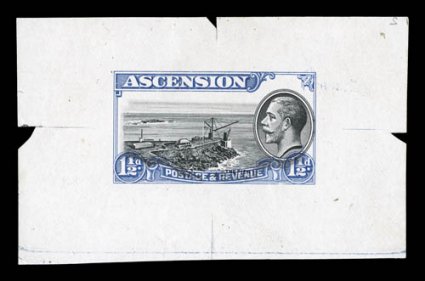 25TC, 1934 1 12p Large die trial color proof in blue and black, 72x44mm, with the black vignette shifted slightly to the bottom, very fine a rarely seen master die proof (S.G.
23TC).