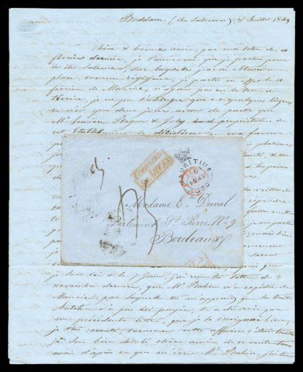 July 8, 1849 Letter and original envelope, the earliest known letter from any of the islands which later formed the British Indian Ocean Territory, quoting from Edward Prouds
excellent book The Postal History of B.I.O.T., Maldive Islands and S