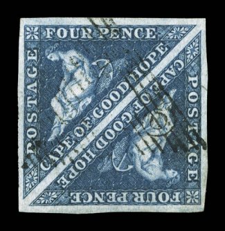 4d, 1855 4p Deep blue, sideways watermark, a most impressive used square pair, with intense vivid color and impression on bright fresh paper, four very large margins, lightly
cancelled, extremely fine 2003 BPA certificate (S.G. 6c £360+).