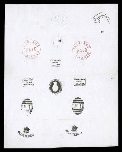 Postmasters sample page of franks, cancellations and surcharges, a total of twelve impressions (six different) of the various handstamp franks (two of the red circular frank
and three of the small boxed frank in black), cancellations (two of the
