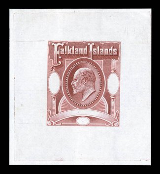 1904 King Edward VII Die original master large die proofs, with the value tablets all blank, two proofs, one in red and one in blue, approximately 49x54mm, bright and fresh,
very fine unquestionably rare examples of these highly attractive proof