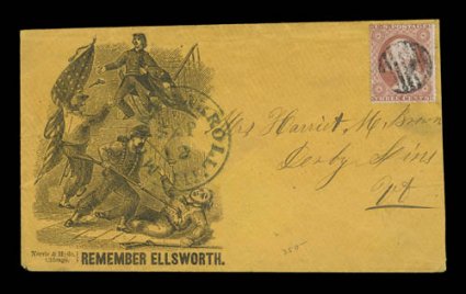 Remember Ellsworth imprint above design of three soldiers murdering with a bayonet (Walcott 433), black design on orange cover, 3c Dull red (26) cancelled by black grid, Mount
Carroll, Ill. c.d.s at left, cover just slightly reduced at right,