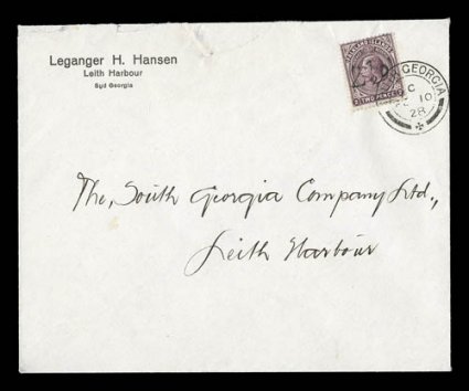 52, 1928 2 12D Provisional surcharge, tied by South GeorgiaFe 10 28 double ring cancel on local cover, Leganger Hansen corner card, cover with small repair at top not
affecting stamp or markings, fine (S.G. 115).