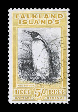 74, 1933 5- Centenary, a select used example, lightly cancelled with a portion of a South Georgia double ring c.d.s., exceptionally well centered, very fine 1985 Brandon
certificate (S.G. 136 £950).