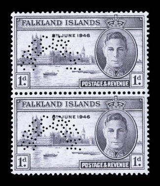 97S-98S, 1946 1p-3p Peace issue, with perforated Specimen cplt. in vertical pairs, well centered and fresh, o.g., n.h., very fine each is accompanied by a 1980 RPS certificate
(S.G. 164s-65s).